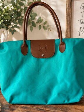QVC Turquoise Teal Nylon Foldable Tote Bag Brown Faux Leather Trim Travel